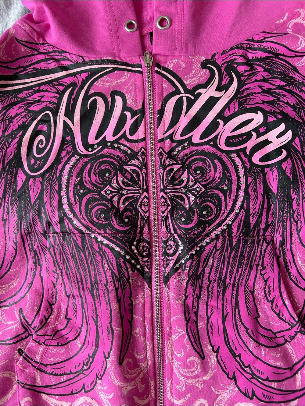 DOLLSKILL Hot Pink Zip-Up Hoodie with Graphic Wings and Heart Design - Picture 2 of 3